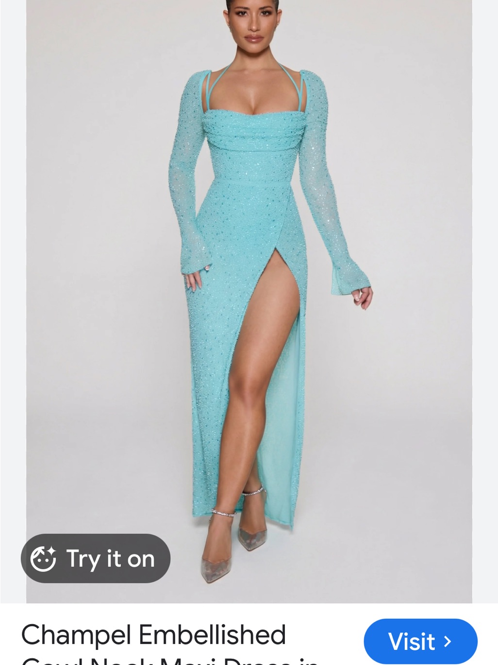 Oh Polly Aqua Embellished Maxi Dress With Thigh Slit